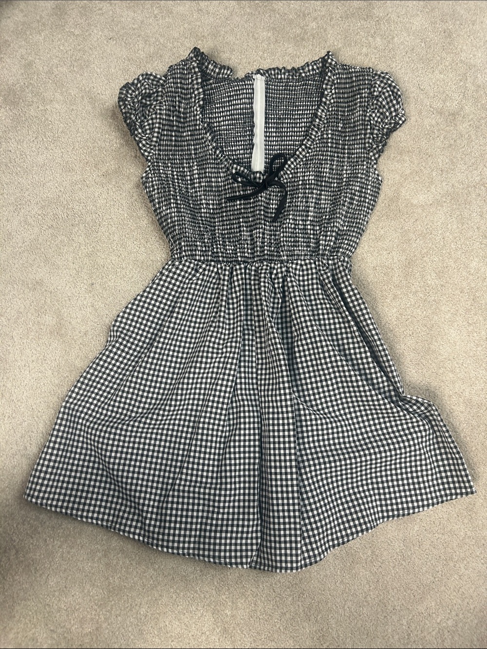 Girls Black & White Gingham Dress with Smocked Waist